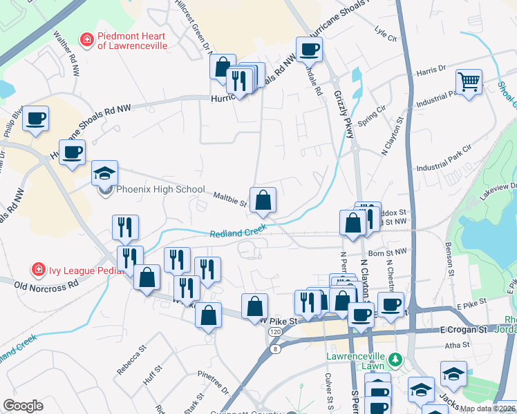 map of restaurants, bars, coffee shops, grocery stores, and more near 378 Maltbie Street in Lawrenceville