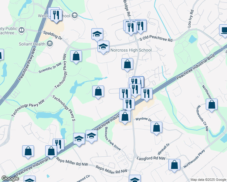 map of restaurants, bars, coffee shops, grocery stores, and more near 5361 Medlock Corners Drive in Norcross