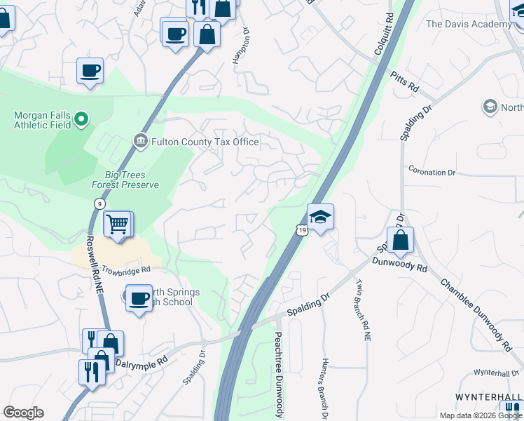map of restaurants, bars, coffee shops, grocery stores, and more near 2413 Huntingdon Chase in Sandy Springs