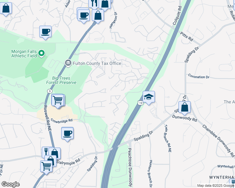 map of restaurants, bars, coffee shops, grocery stores, and more near 2314 Huntingdon Chase in Atlanta