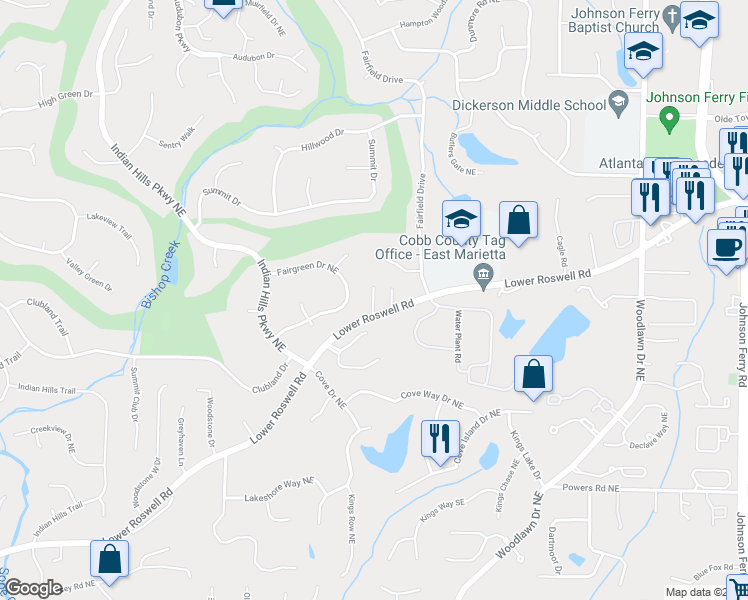 map of restaurants, bars, coffee shops, grocery stores, and more near 4261 Lower Roswell Road in Marietta