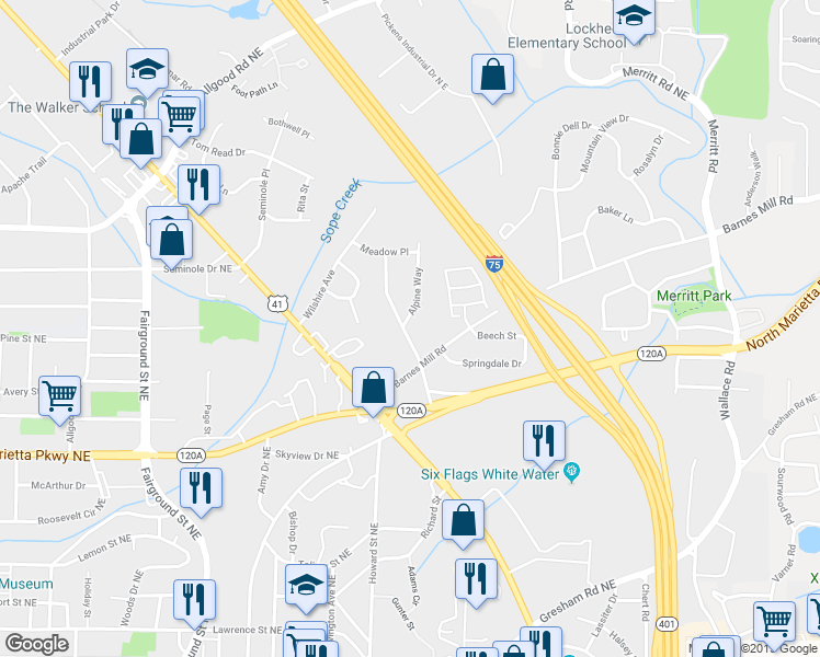map of restaurants, bars, coffee shops, grocery stores, and more near in Marietta
