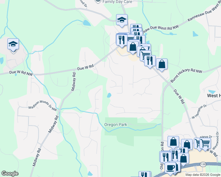 map of restaurants, bars, coffee shops, grocery stores, and more near 3975 Pocono Way in Marietta