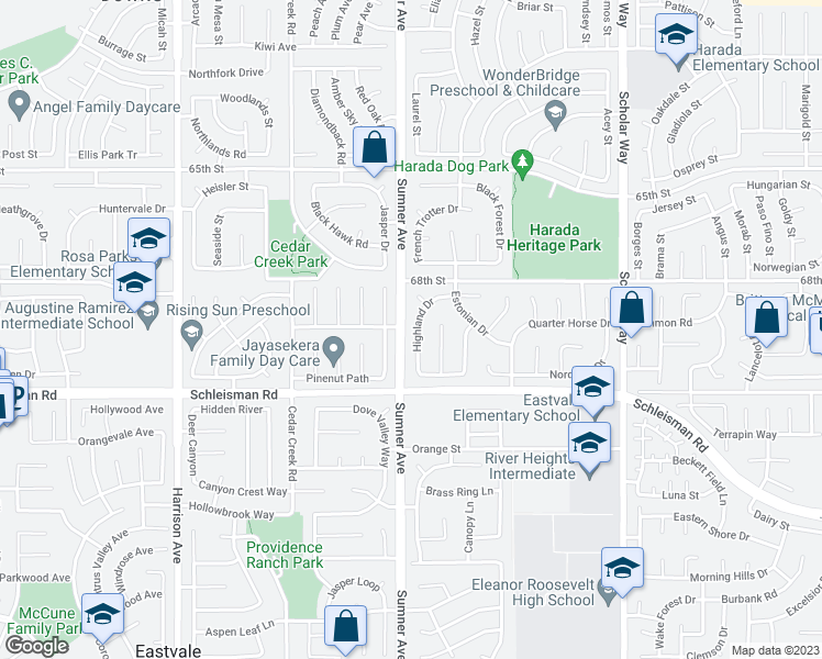 map of restaurants, bars, coffee shops, grocery stores, and more near 6907 Highland Drive in Corona