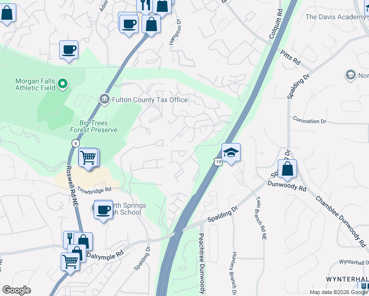map of restaurants, bars, coffee shops, grocery stores, and more near 2413 Huntingdon Chase in Sandy Springs