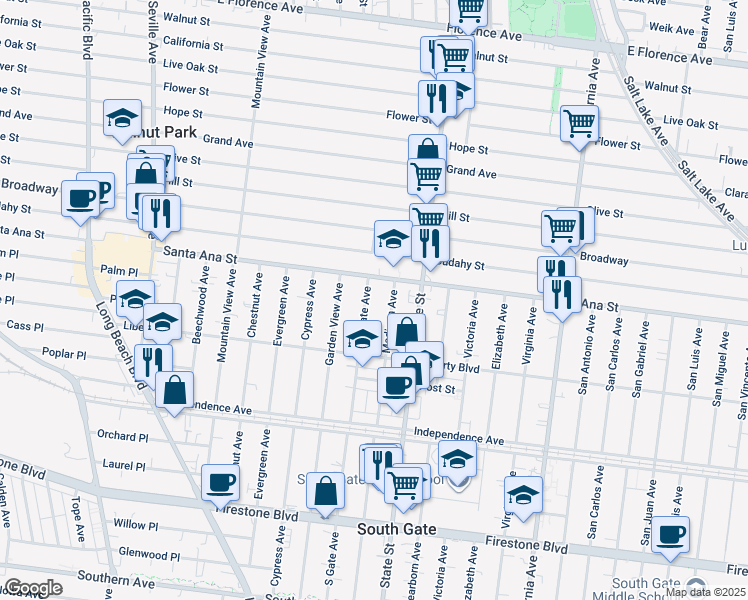 map of restaurants, bars, coffee shops, grocery stores, and more near in South Gate