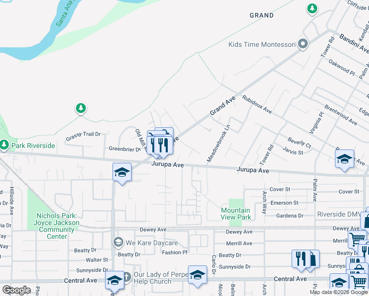 map of restaurants, bars, coffee shops, grocery stores, and more near 5022 Carlingford Avenue in Riverside