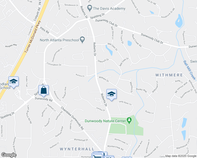 map of restaurants, bars, coffee shops, grocery stores, and more near 1219 Witham Drive in Dunwoody