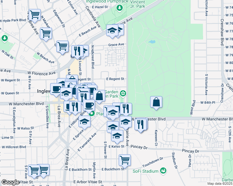 map of restaurants, bars, coffee shops, grocery stores, and more near 637 East Queen Street in Inglewood