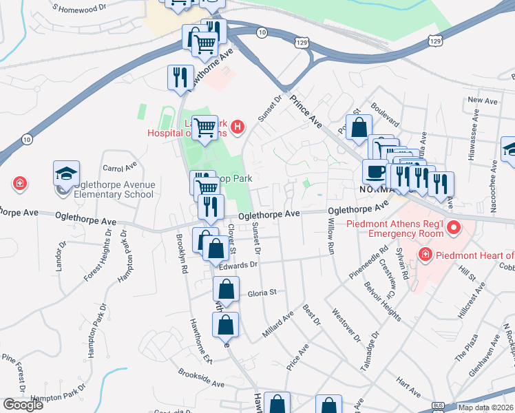 map of restaurants, bars, coffee shops, grocery stores, and more near 645 Sunset Drive in Athens