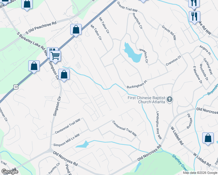 map of restaurants, bars, coffee shops, grocery stores, and more near 2665 Woodbine Hill Way in Norcross