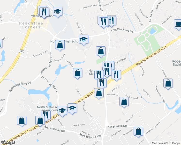 map of restaurants, bars, coffee shops, grocery stores, and more near 5361 Medlock Corners Drive in Norcross