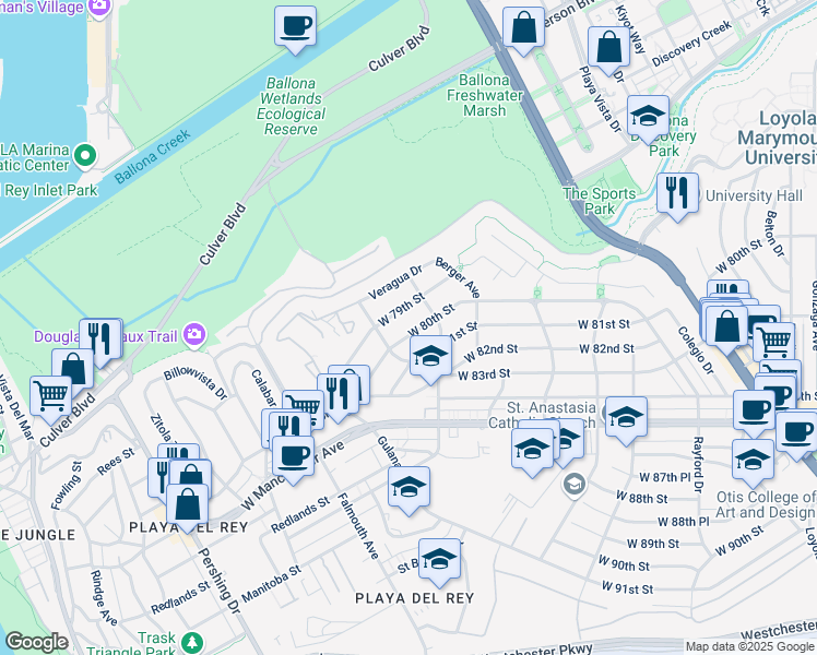 map of restaurants, bars, coffee shops, grocery stores, and more near 7831 West 80th Street in Los Angeles