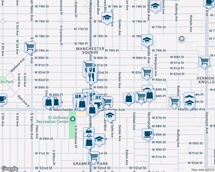 map of restaurants, bars, coffee shops, grocery stores, and more near 1653 West 84th Street in Los Angeles