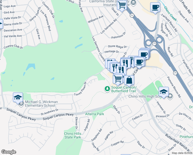map of restaurants, bars, coffee shops, grocery stores, and more near 4892 Peterson Street in Chino Hills