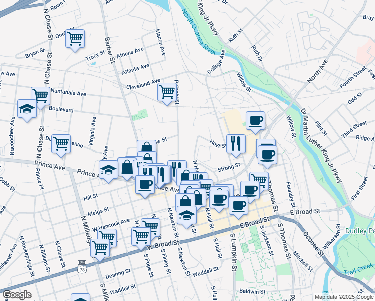 map of restaurants, bars, coffee shops, grocery stores, and more near 570 Pulaski Street in Athens