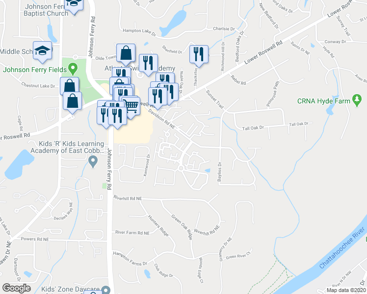 map of restaurants, bars, coffee shops, grocery stores, and more near 604 Serramonte Drive in Marietta