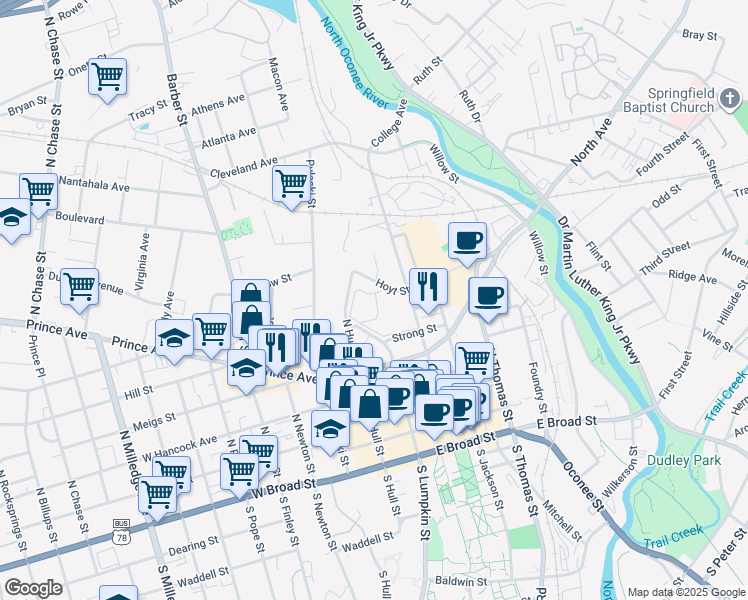 map of restaurants, bars, coffee shops, grocery stores, and more near 105 Hickman Drive in Athens