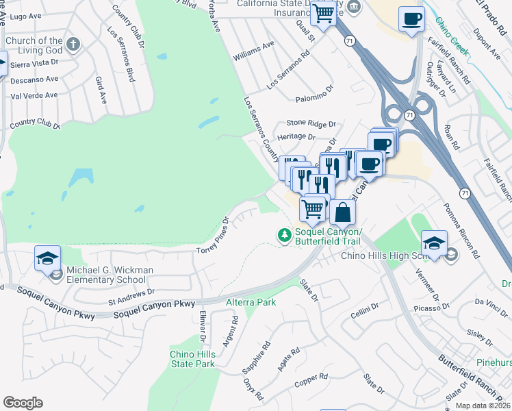 map of restaurants, bars, coffee shops, grocery stores, and more near 4892 Peterson Street in Chino Hills