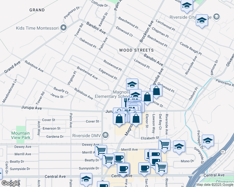 map of restaurants, bars, coffee shops, grocery stores, and more near 4079 Maplewood Place in Riverside