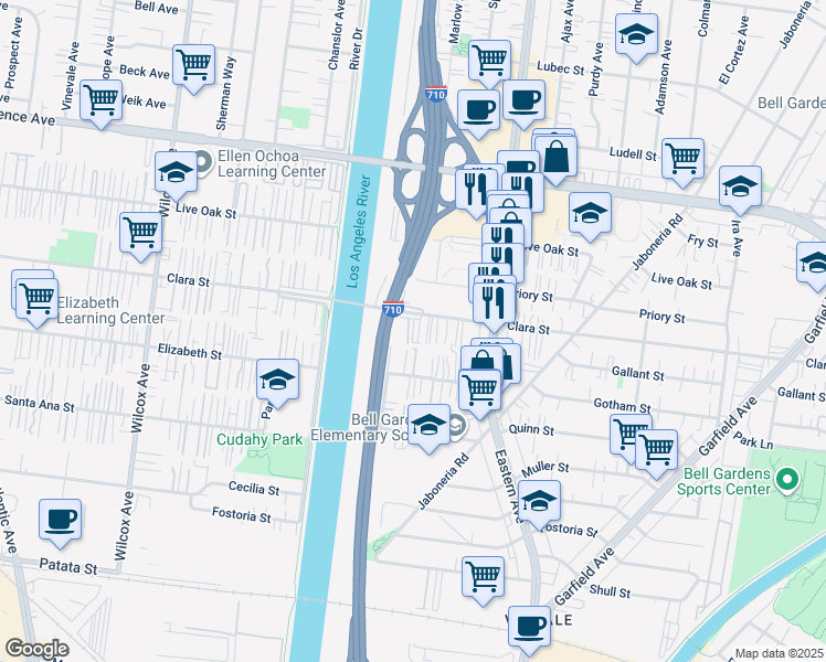 map of restaurants, bars, coffee shops, grocery stores, and more near 5526 Clara Street in Bell Gardens