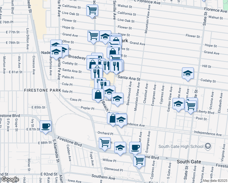 map of restaurants, bars, coffee shops, grocery stores, and more near 8160 Seville Avenue in South Gate