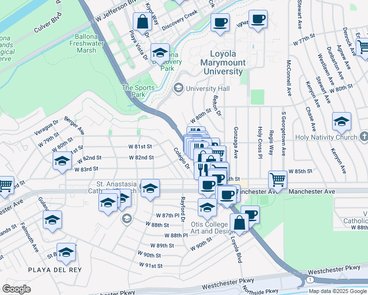 map of restaurants, bars, coffee shops, grocery stores, and more near 8129 Lincoln Boulevard in Los Angeles