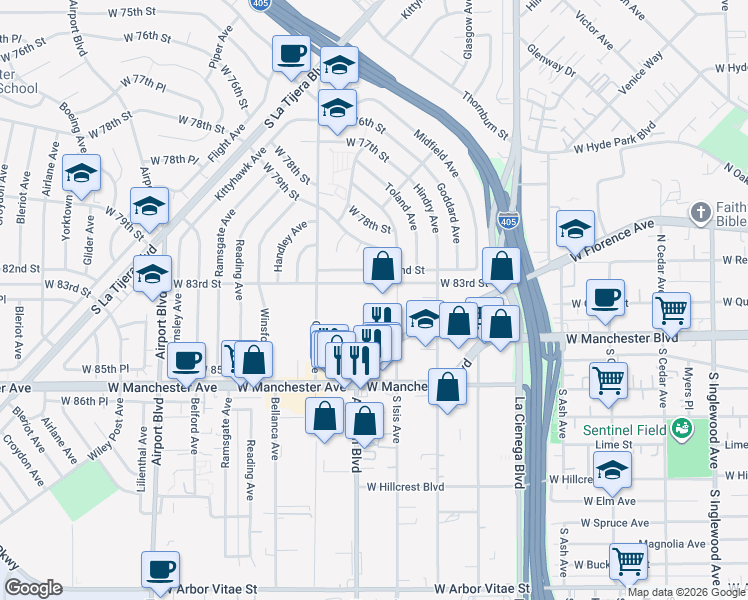 map of restaurants, bars, coffee shops, grocery stores, and more near 5520 West 83rd Street in Los Angeles