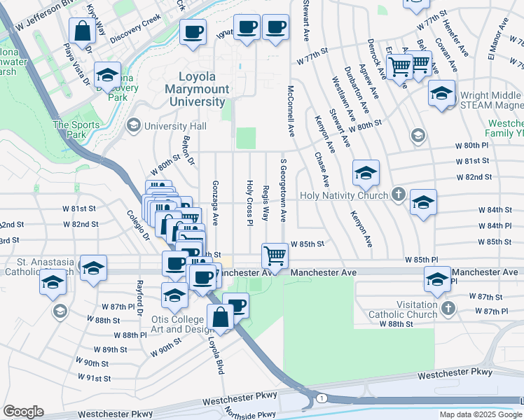 map of restaurants, bars, coffee shops, grocery stores, and more near 8309 Regis Way in Los Angeles