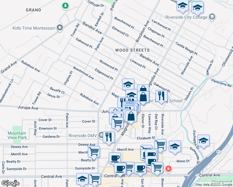 map of restaurants, bars, coffee shops, grocery stores, and more near 4061 Maplewood Place in Riverside
