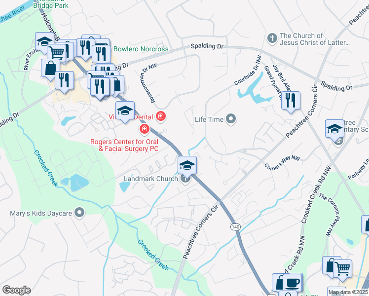 map of restaurants, bars, coffee shops, grocery stores, and more near 3780 Holcomb Bridge Road in Norcross