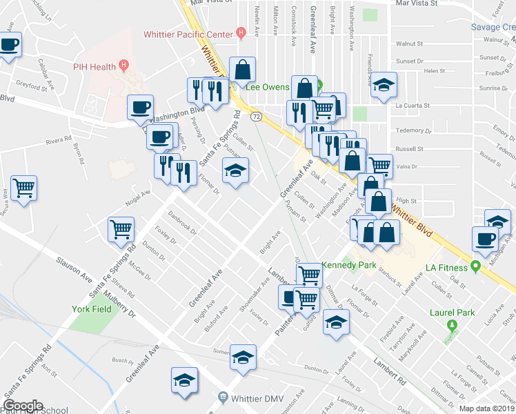 map of restaurants, bars, coffee shops, grocery stores, and more near 12933 Helmer Drive in Whittier