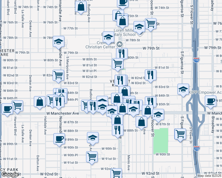 map of restaurants, bars, coffee shops, grocery stores, and more near 1031 West 84th Street in Los Angeles