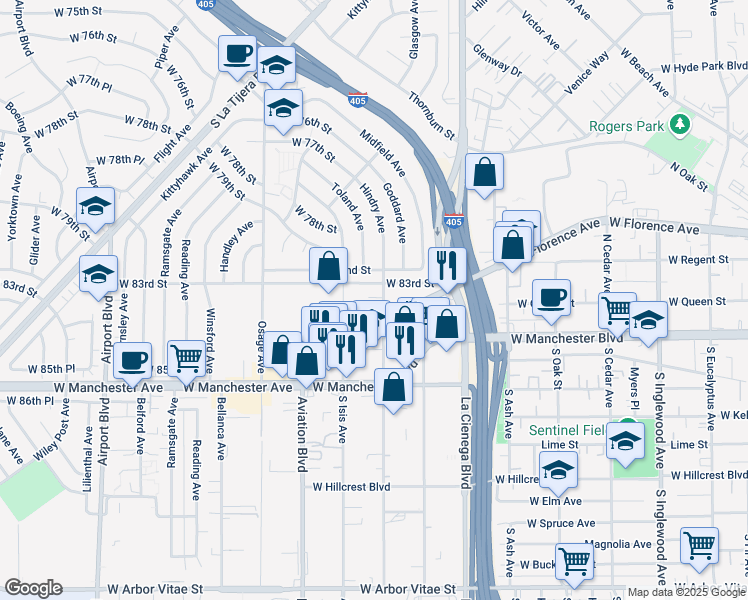 map of restaurants, bars, coffee shops, grocery stores, and more near 8319 Hindry Avenue in Los Angeles