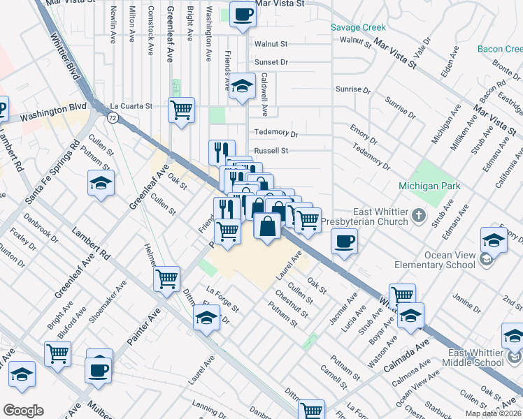 map of restaurants, bars, coffee shops, grocery stores, and more near 13421 Whittier Boulevard in Whittier