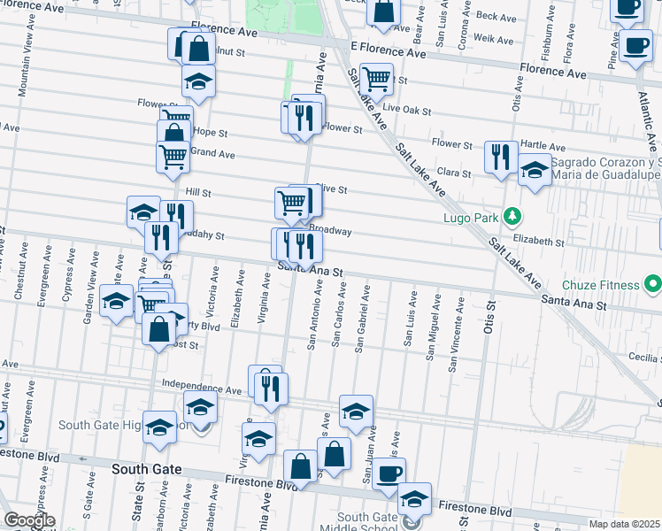 map of restaurants, bars, coffee shops, grocery stores, and more near 3611 Santa Ana Street in Huntington Park