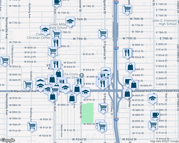map of restaurants, bars, coffee shops, grocery stores, and more near 702 West 83rd Street in Los Angeles