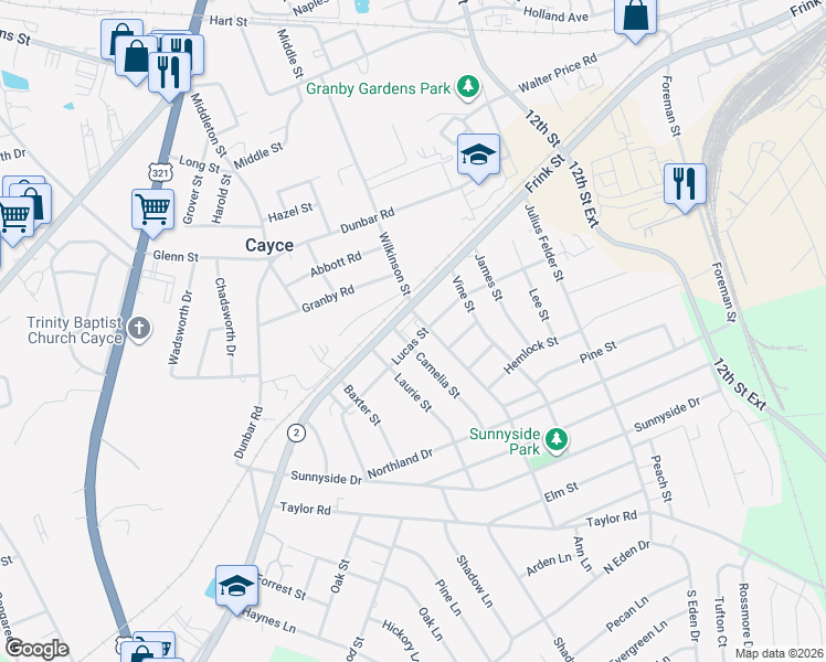 map of restaurants, bars, coffee shops, grocery stores, and more near 1515 Frink Street in Cayce