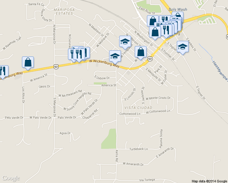 map of restaurants, bars, coffee shops, grocery stores, and more near 520 Kellis Road in Wickenburg