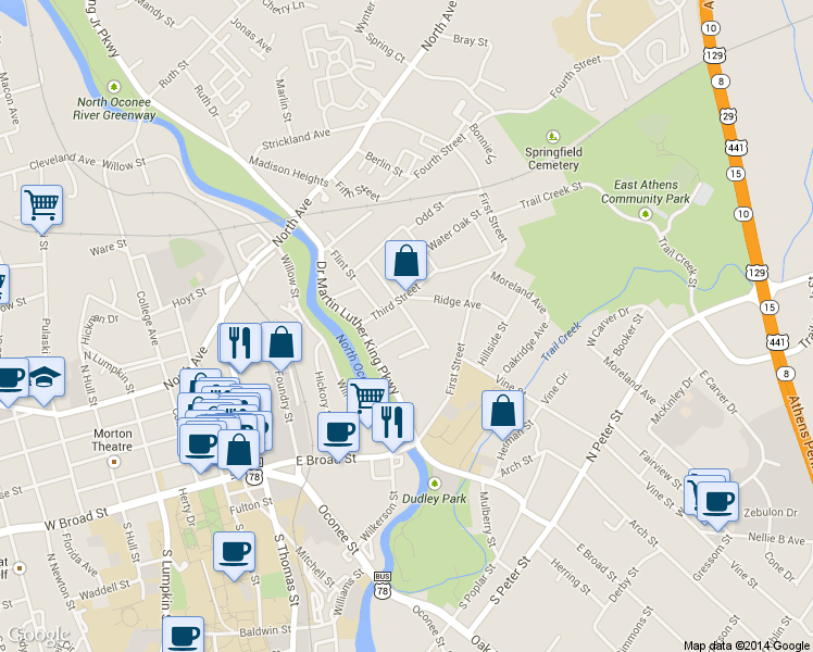 map of restaurants, bars, coffee shops, grocery stores, and more near 216 Pearl St in Athens