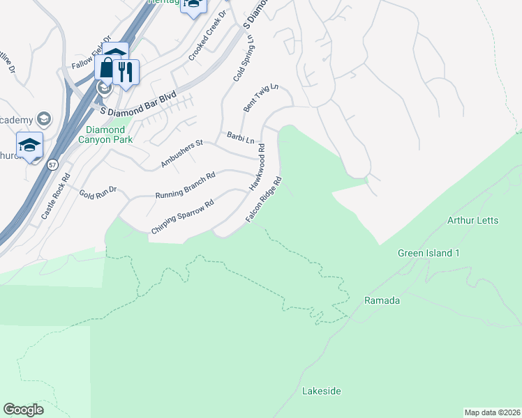 map of restaurants, bars, coffee shops, grocery stores, and more near 3422 Falcon Ridge Road in Diamond Bar