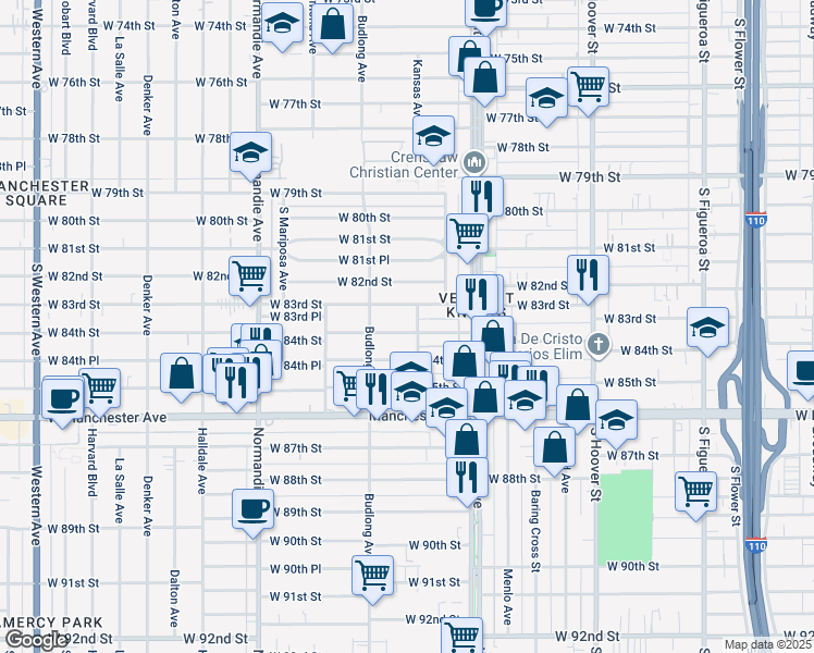 map of restaurants, bars, coffee shops, grocery stores, and more near 1111 West 84th Street in Los Angeles