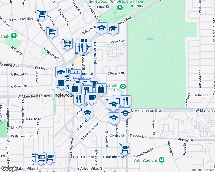 map of restaurants, bars, coffee shops, grocery stores, and more near 601 East Queen Street in Inglewood