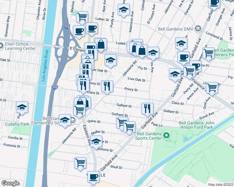 map of restaurants, bars, coffee shops, grocery stores, and more near 5933 Clara Street in Bell Gardens