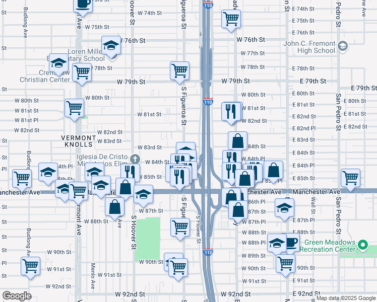 map of restaurants, bars, coffee shops, grocery stores, and more near 8406 South Figueroa Street in Los Angeles