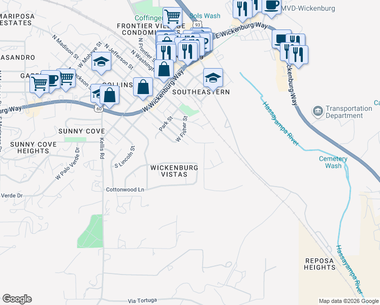 map of restaurants, bars, coffee shops, grocery stores, and more near 65 Howard Court in Wickenburg
