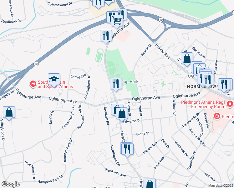 map of restaurants, bars, coffee shops, grocery stores, and more near 800 Hawthorne Avenue in Athens