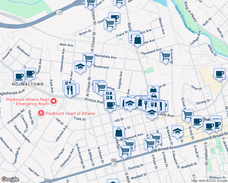 map of restaurants, bars, coffee shops, grocery stores, and more near 233 Dubose Avenue in Athens