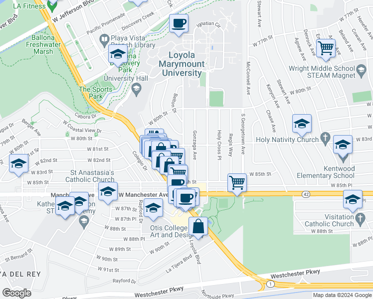 map of restaurants, bars, coffee shops, grocery stores, and more near 8304 Fordham Road in Los Angeles