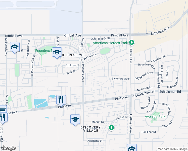 map of restaurants, bars, coffee shops, grocery stores, and more near 16016 Huckleberry Avenue in Chino